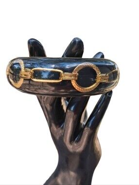 Vintage Gold Chain Embedded Clear Lucite Acrylic Bangle Bracelet Statement